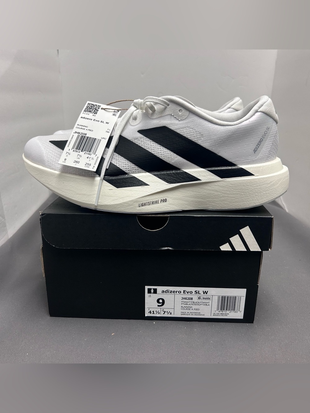 Size 9 - adidas Adizero Evo SL White Black W. Brand New With Box. UK Size 7.5